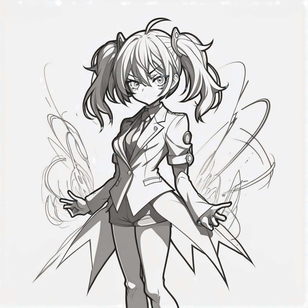  line art drawing evil genius girl, battle stance, same nightmare. anime style . professional, sleek, modern, minimalist, graphic, line art, vector graphics