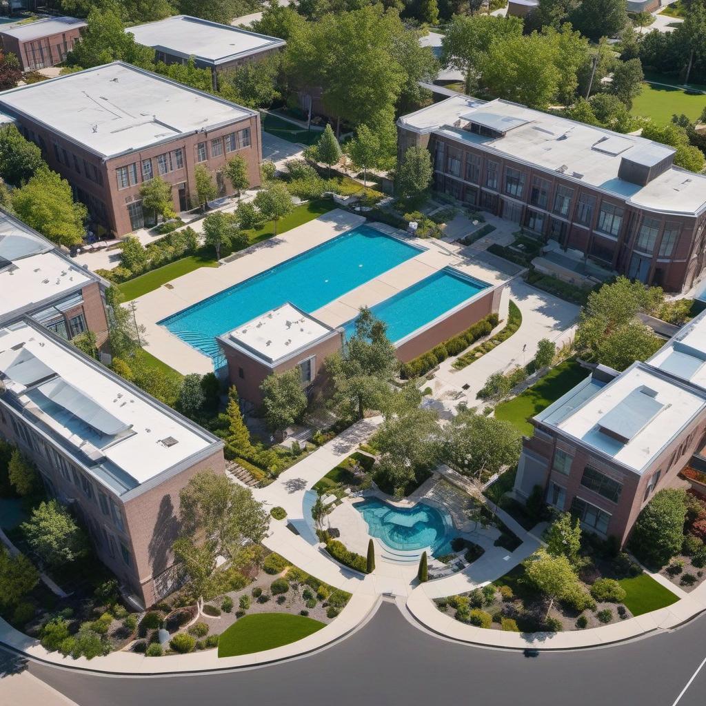  high school exterior aerial layout with lots of windows and a courtyard in the middle with a garden, pool and rooftop art space and curb appeal, mystical style