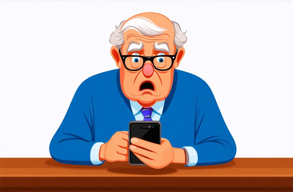  shocked surprised senior man using smartphone isolated on white background, funny cartoon illustration ar 3:2 {prompt}, maximum details