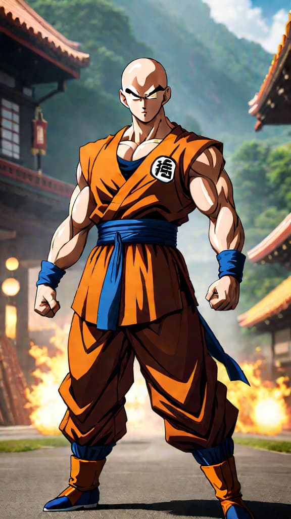  anime art: tien shinhan showcases human excellence by flying in dragon ball saga. hyperrealistic, full body, detailed clothing, highly detailed, cinematic lighting, stunningly beautiful, intricate, sharp focus, f/1. 8, 85mm, (centered image composition), (professionally color graded), ((bright soft diffused light)), volumetric fog, trending on instagram, trending on tumblr, HDR 4K, 8K