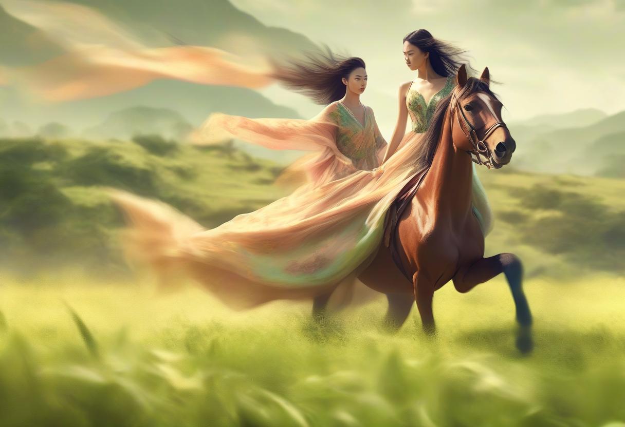  concept art girl rides horse in lush dress across field, asian woman . digital artwork, illustrative, painterly, matte painting, highly detailed