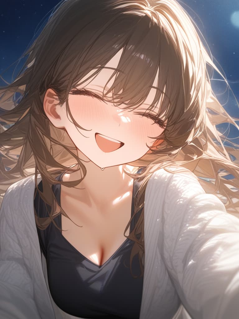  bright brown hair long hair, transparent ephemeral, under the starry sky, laughing while looking at here, up from the chest, black dress, white cardigan, masterpiece, best quality,8k,ultra detailed,high resolution,an extremely delicate and beautiful,hyper detail