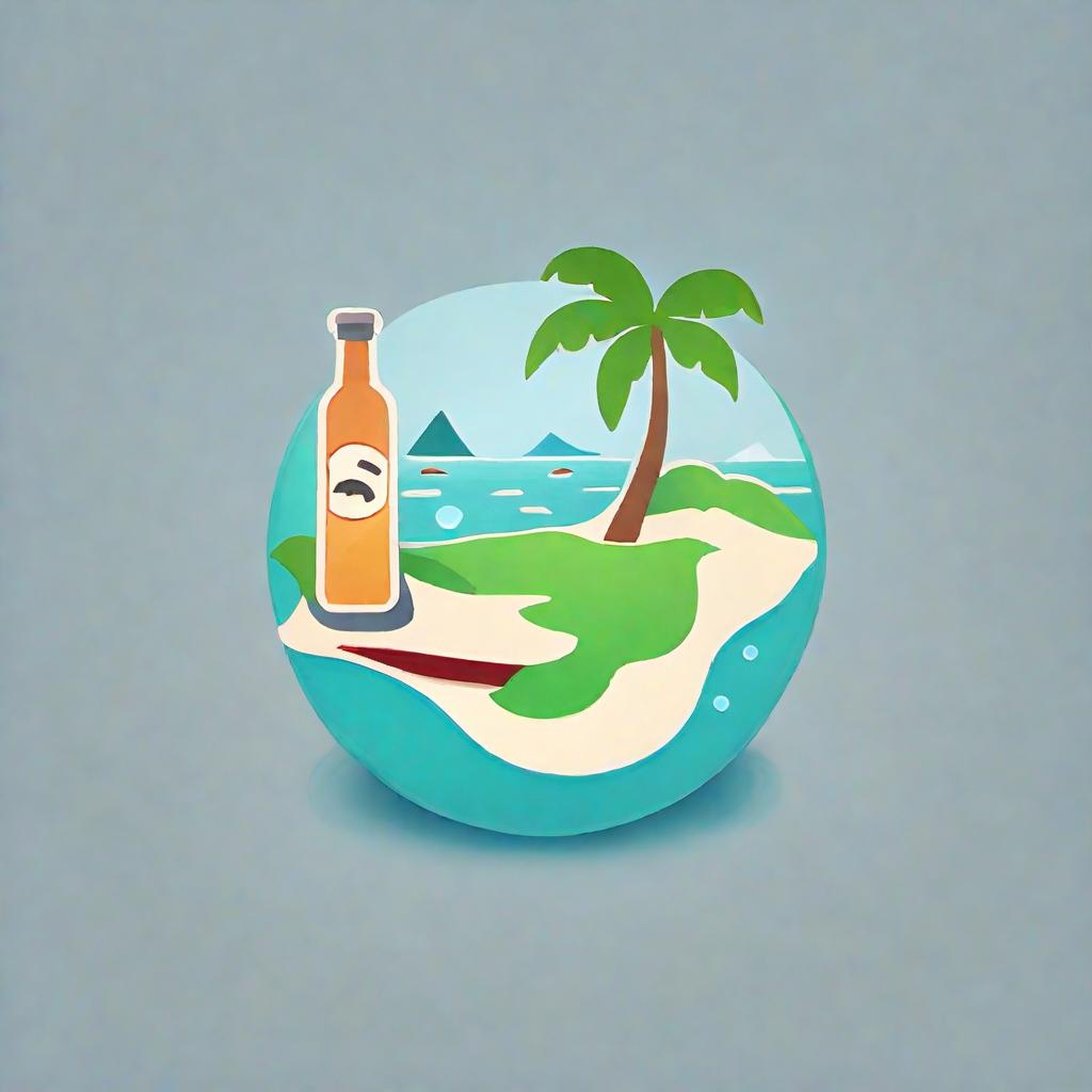  app icon of Icon of an island with a sad face, no boats in sight, a message bottle floating in the water.