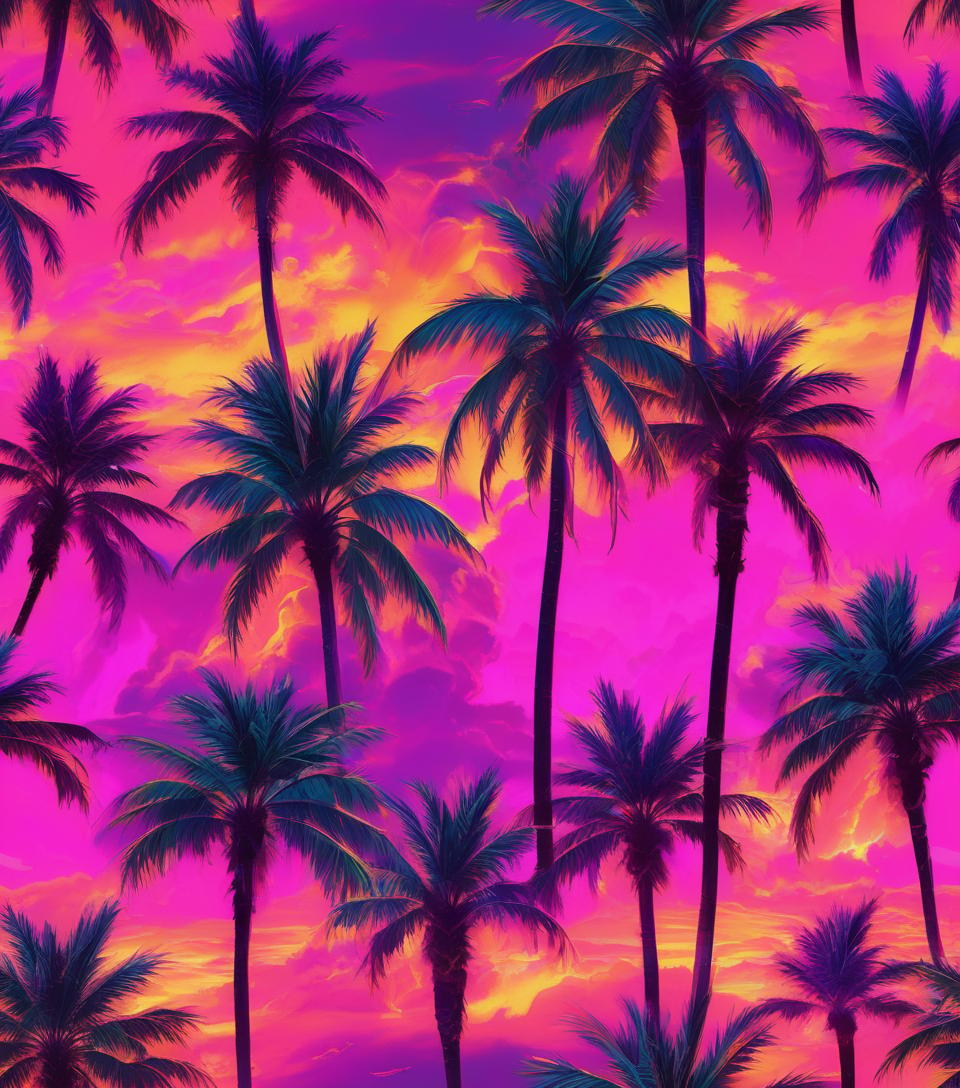  florida sunsets and palm trees on fire, neon vibrant colors,