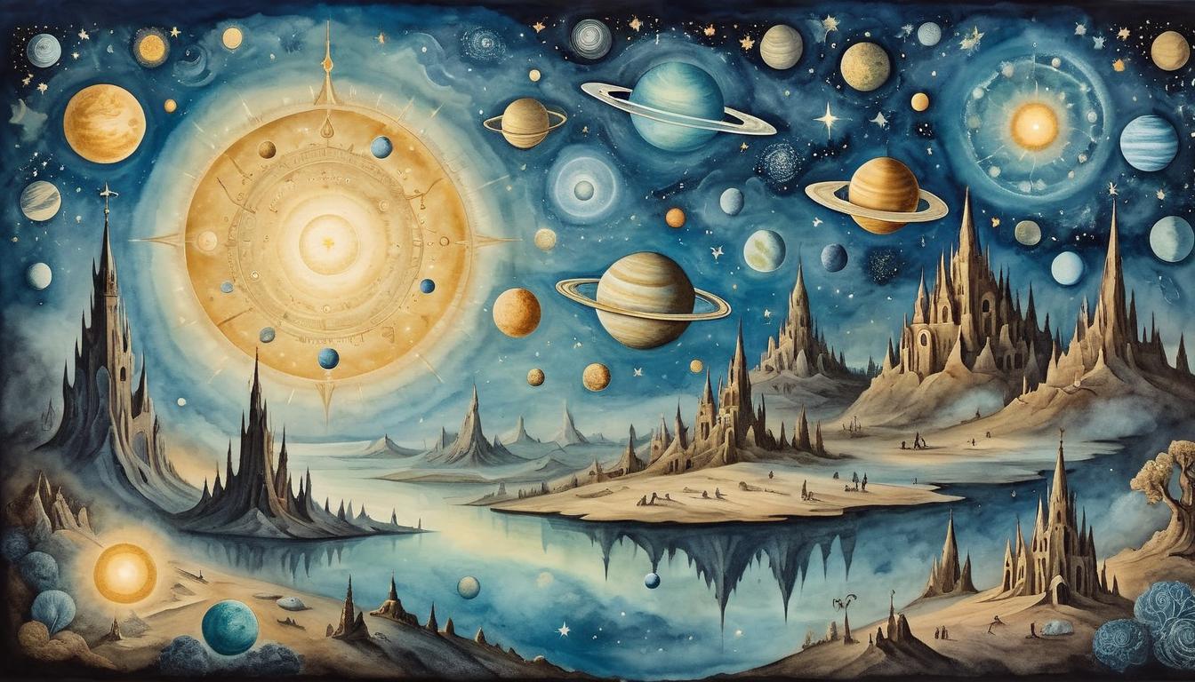  on parchment, surrealism+++, a night sky filled with celestial bodies, planets aligned, divine energy radiating from a central star, ethereal and otherworldly, sacred atmosphere(mysterious, provocative, symbolic,muted color)+++