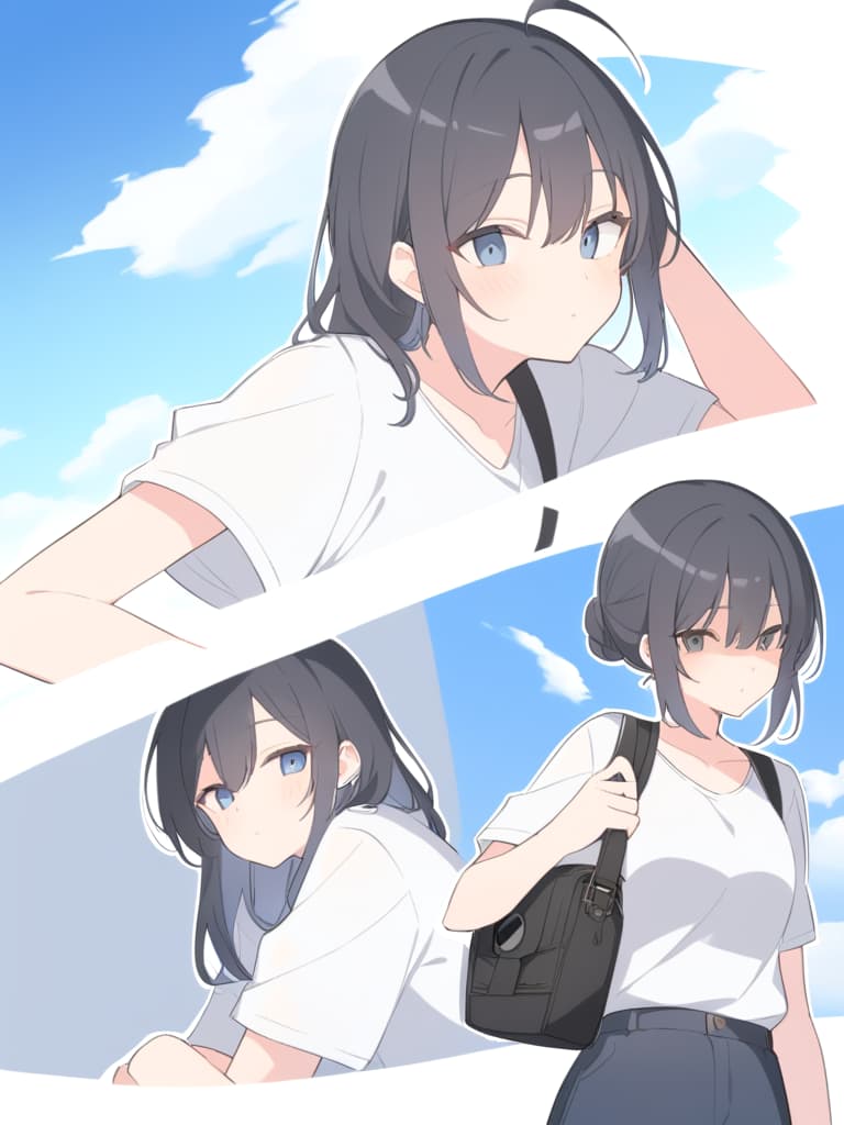  black hair boyish girl, summer casual, summer blue sky, summer clouds, energy, side angles, sideways, distant views, and camera eyes