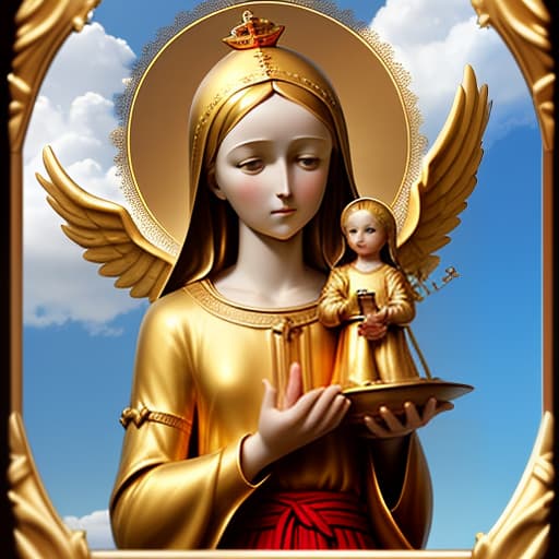  the virgin of donetsk at full height, holds a golden cup in her hands. a little holy child will come out of the bowl to the waist. a cloud and little angels.