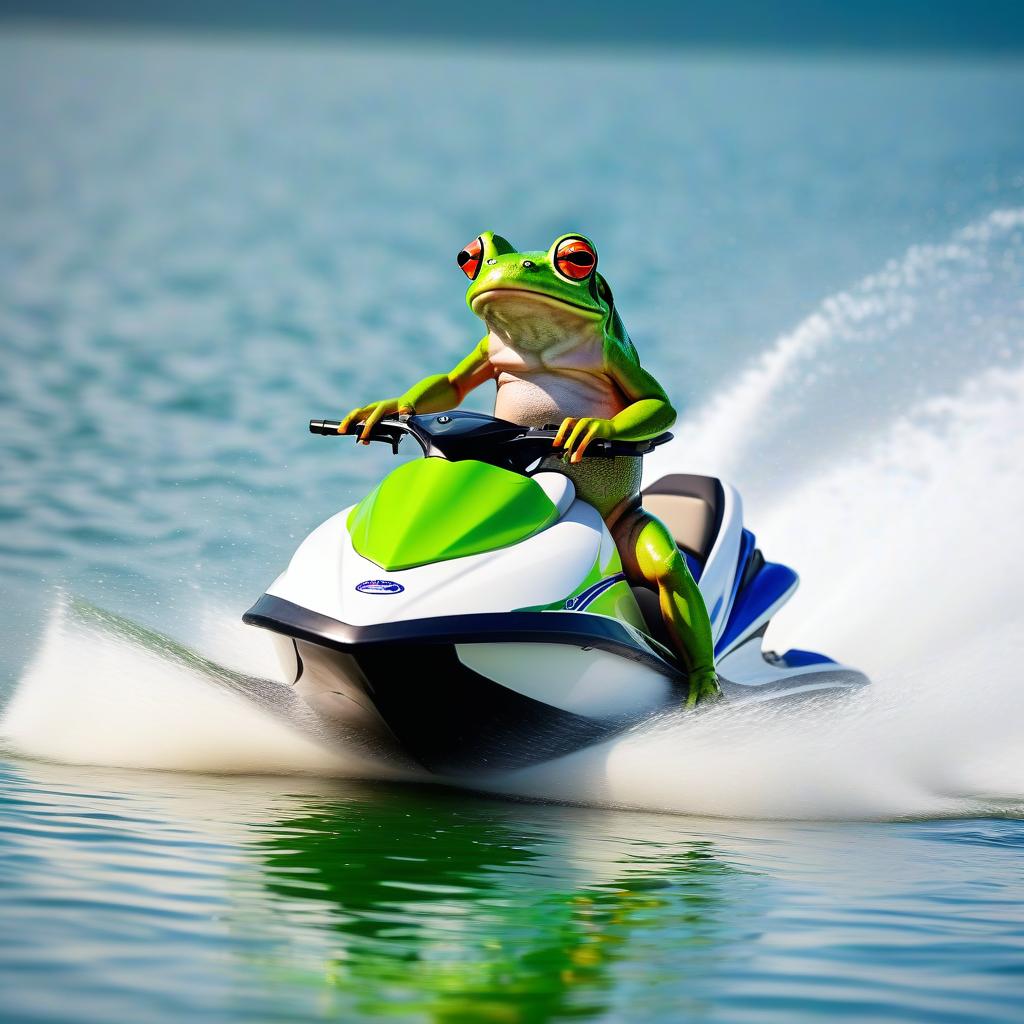  frog in tight jumpsuit races on jet ski, civitai