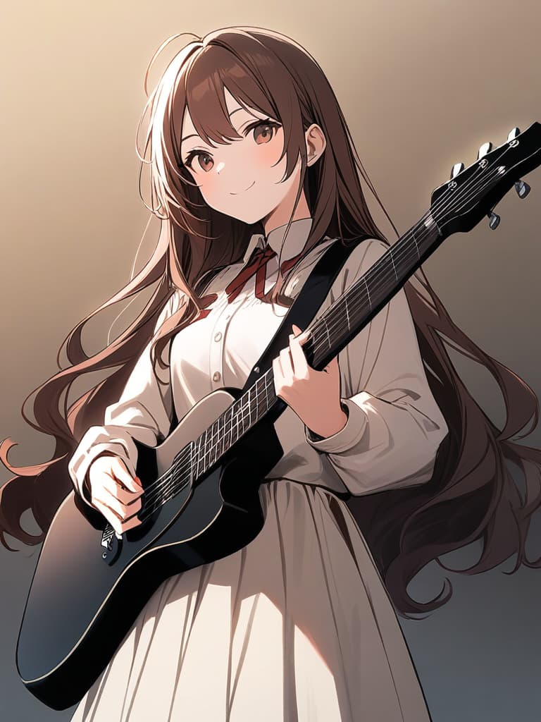  (beautiful girl:1.5)(brown hair:1.5)(long hair:1.7)(wavy hair:1.5)(holding electric guitar:1.7){orange cute dress:1.5}(smiling){playing guitar happily:1.7} {upper body:1.5}master piece,high quality,16k,super analysis,correct finger position,correctnumber of fingers