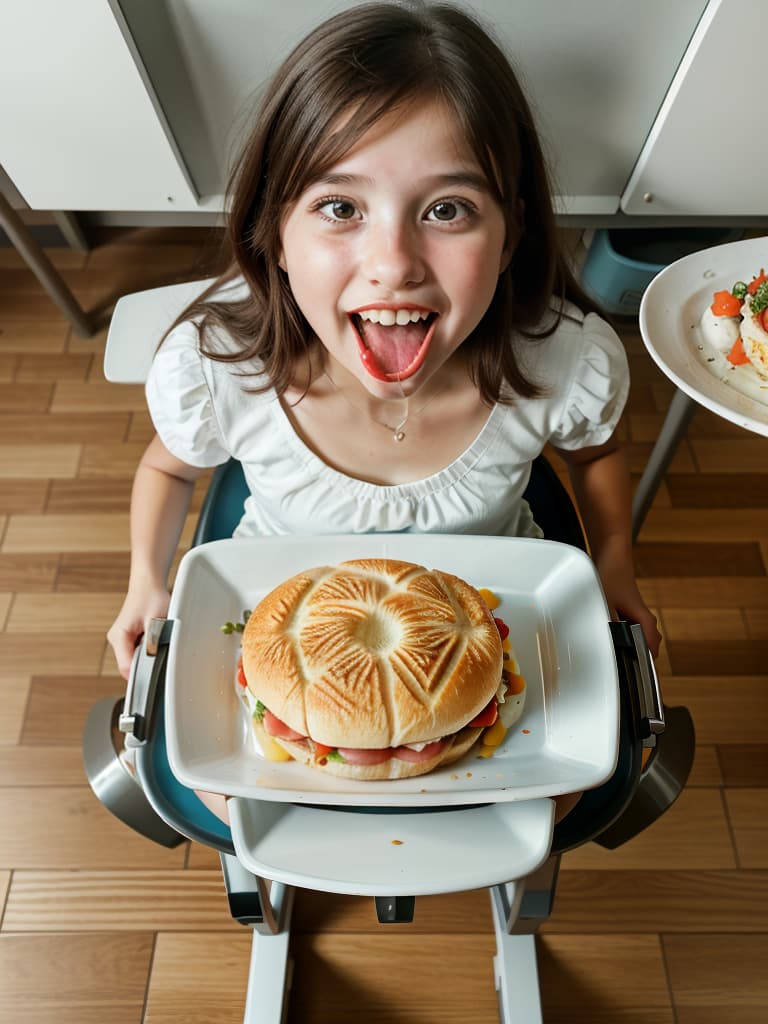  girls in a meal, first graders, large open mouths, sitting on chairs, dishes on the desk, dish in the mouth, masterpiece, best quality,8k,ultra detailed,high resolution,an extremely delicate and beautiful,hyper detail