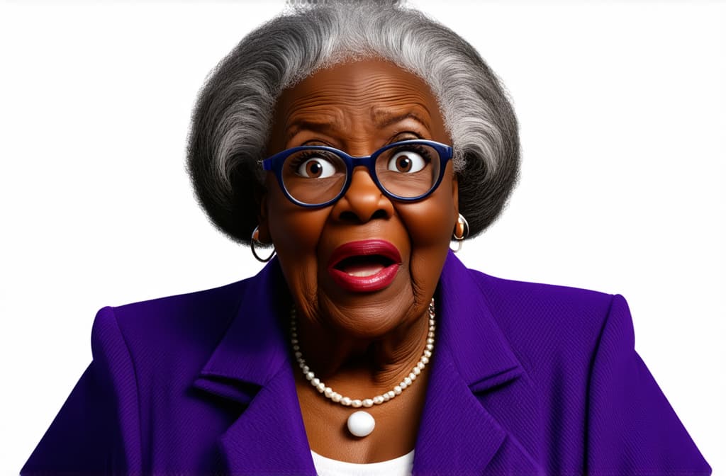  shocked surprised black senior woman isolated on white background, close up, funny cartoon illustration ar 3:2 {prompt}, maximum details