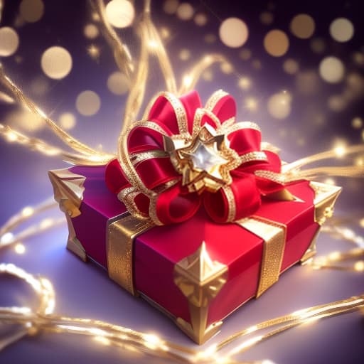  open golden gift box with red ribbon, light background with golden bokeh, studio shooting