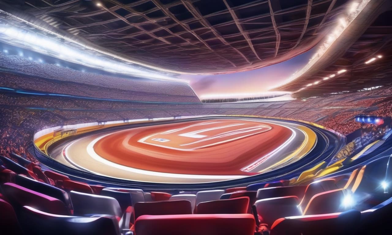  the arena for the battles of cars, racing track, the view from the inside, close up, the stands, floodlights, bright colors, pure colors