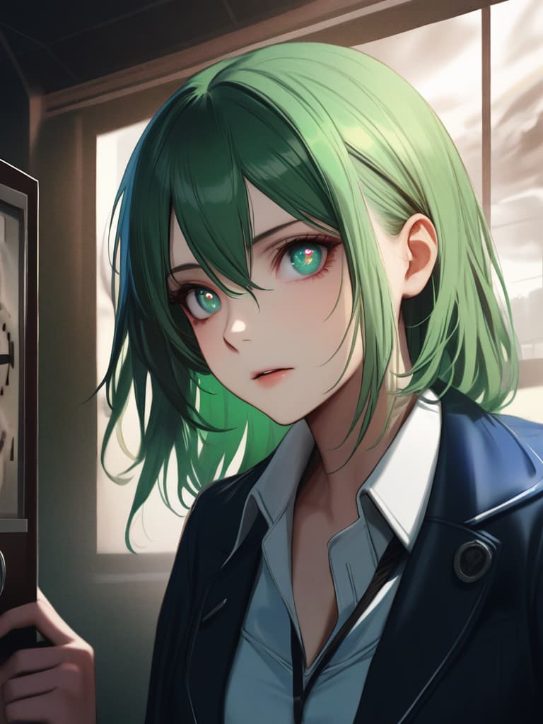  1girl,green hair,(((in your eyes the clock is ticking:1.5))),realistic