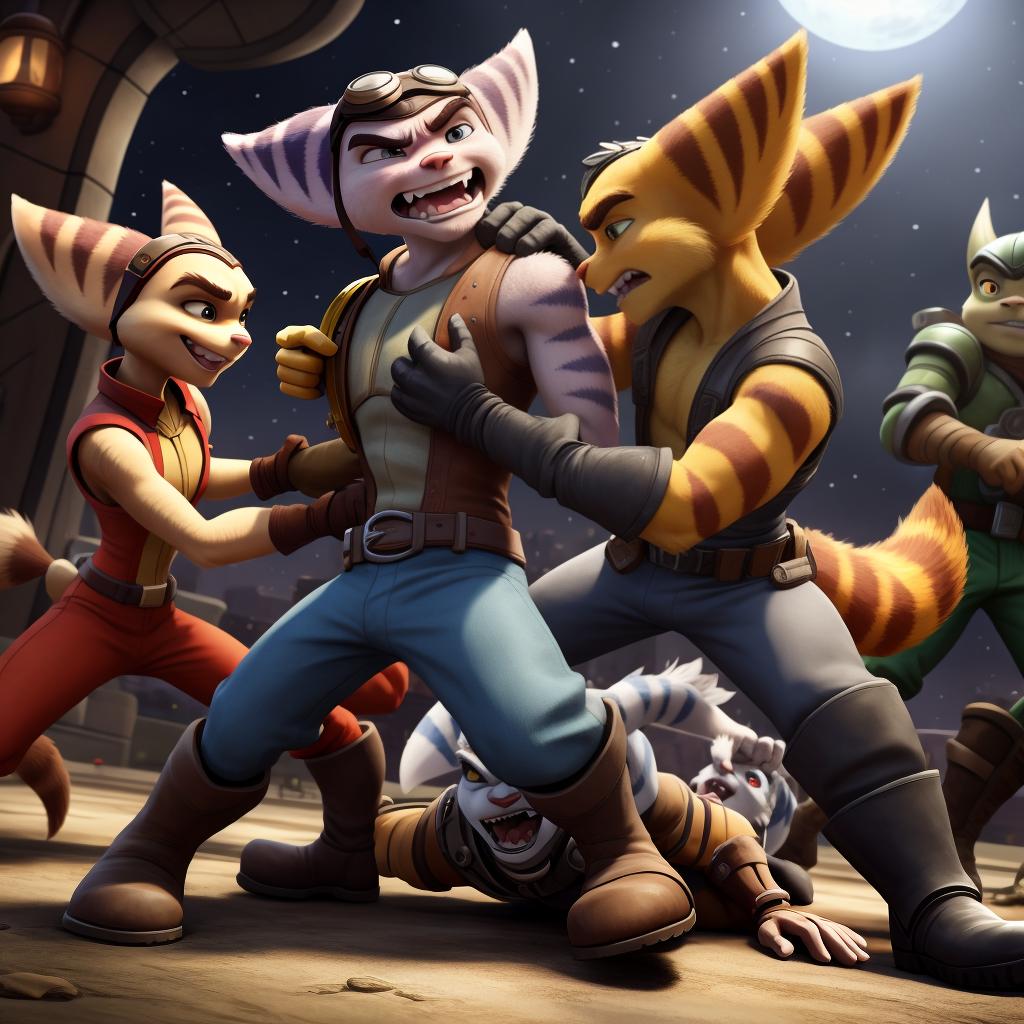  Male ratchet and clank (insomniac) full body, group, clothes, gloves and boots, gay, evil, fighting, hand to hand combat, punching, retraining grabbed, neck grab, ganged up upon, hand squeezes crotch, attacking victim, bullying, pinned, open eyes, digital art, masterpiece, 4k, fine details,