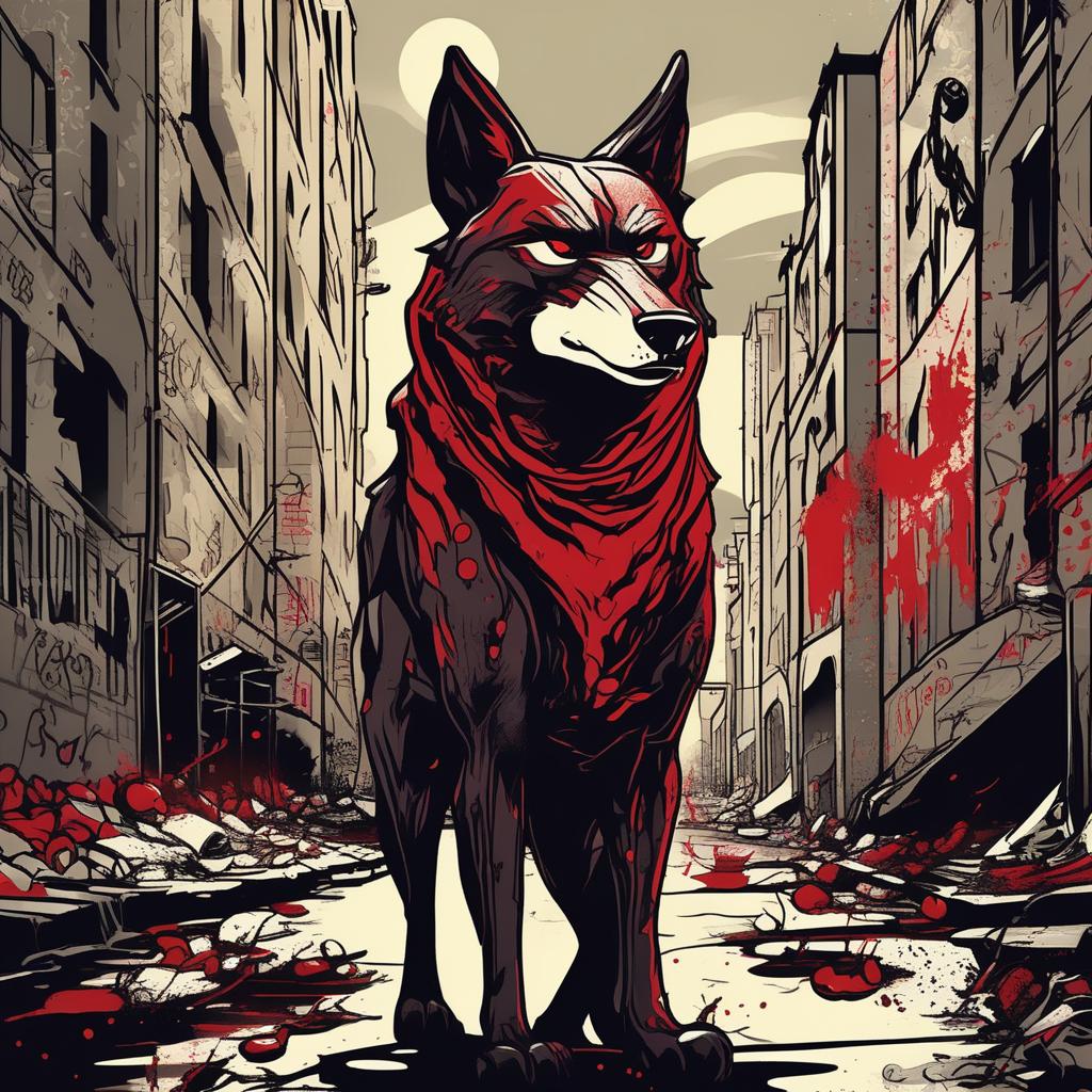  masterpiece, best quality, A fierce wolf with sharp horns and menacing devil wings greedily consuming a juicy, crimson apple in a dark, shadowy alley illuminated only by a flickering street lamp. The surroundings are gritty and urban, with graffiti-covered walls and scattered trash. The mood is mysterious and eerie, hinting at a darker narrative. Style: Anime noir. Realization: A digital artwork with a gritty, realistic aesthetic and dramatic lighting effects.