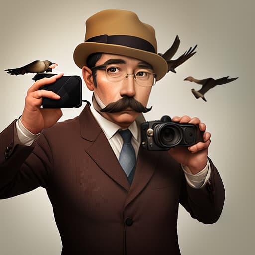  a man wearing glasses and a mustache takes pictures of birds