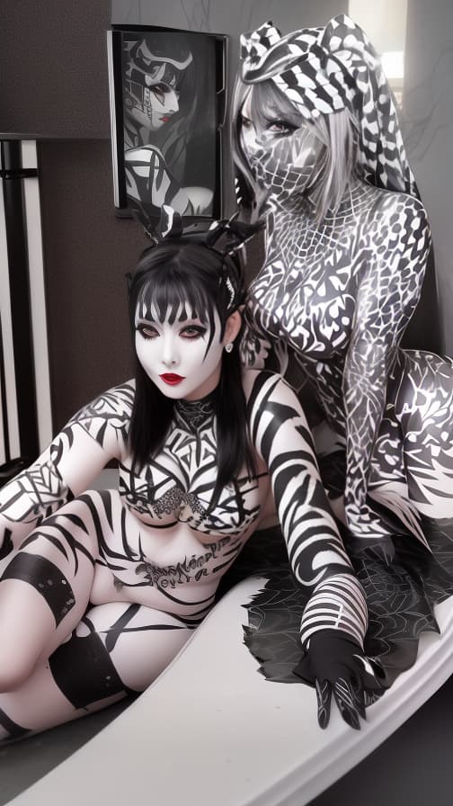  Black and White Spider-patterned body paint in every corner of the whole body, full-body, silver body paint,Silver face paint on the face,Two succubuses 女性