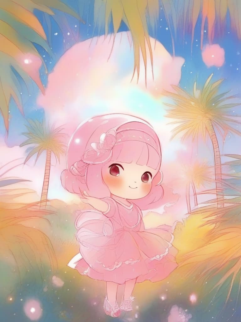  (in the palm of a human hand)illustration style (cute fairy)(has pink transparent wings)(sparkly and fragile)(in the palm of your hand)masterpiece,high quality,16k,super analysis