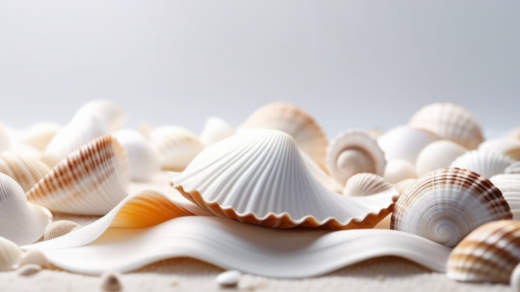  Abstract flowing waves with seashells on white background ar 16:9 high quality, detailed intricate insanely detailed, flattering light, RAW photo, photography, photorealistic, ultra detailed, depth of field, 8k resolution , detailed background, f1.4, sharpened focus