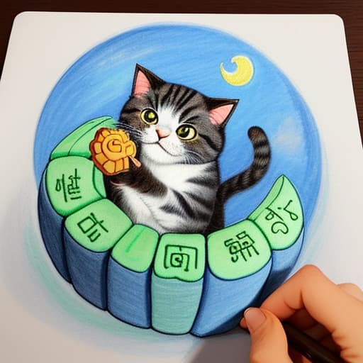  draw me a cute cat holding a mooncake，