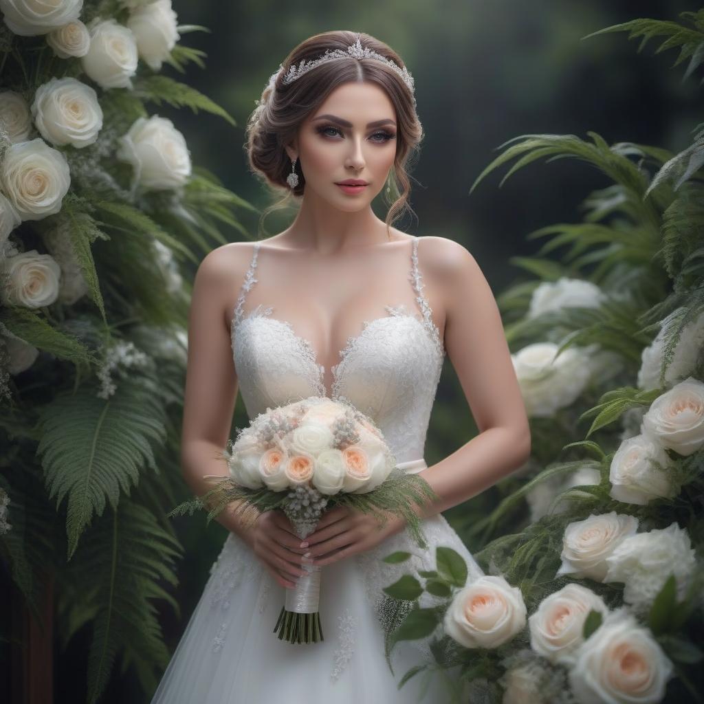  Bride hyperrealistic, full body, detailed clothing, highly detailed, cinematic lighting, stunningly beautiful, intricate, sharp focus, f/1. 8, 85mm, (centered image composition), (professionally color graded), ((bright soft diffused light)), volumetric fog, trending on instagram, trending on tumblr, HDR 4K, 8K