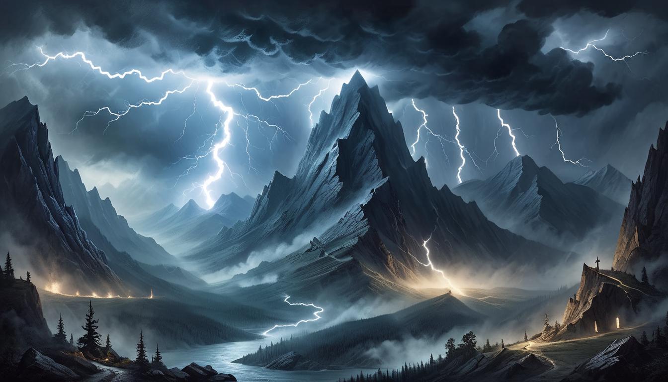  on parchment, surrealism+++, lightning bolt striking through a tumultuous storm, splits the sky with blinding light, dark mountain peaks in the background, mood of sudden change and disruption(mysterious, provocative, symbolic,muted color)+++