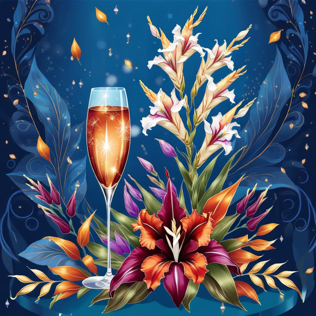  ethereal fantasy concept art of (crystal tall glass):champagne with ice cubes and chocolate. (birthday greeting card) card design: bluish blue background with ((decorated with fine fractal glitter, bright leaves, ink sketch lines on blue background, outlines, falling autumn leaves, silver swirls, autumn leaves, elegant, thin, ((profile of a woman's face, in the style of autumn art fantasy 1,7)) . (in the centre of the card is a bouquet with white gladioluses inscribed (("for you")).((bouquet of burgundy gladioluses surrounded by multicoloured foliage 1,2)) (colour of the bouquet): burgundy red with orange border. (foliage colour) :golden, silvery white, burgundy, green, golden green, (style):fantasy, design art, greeting cards. (style):fan