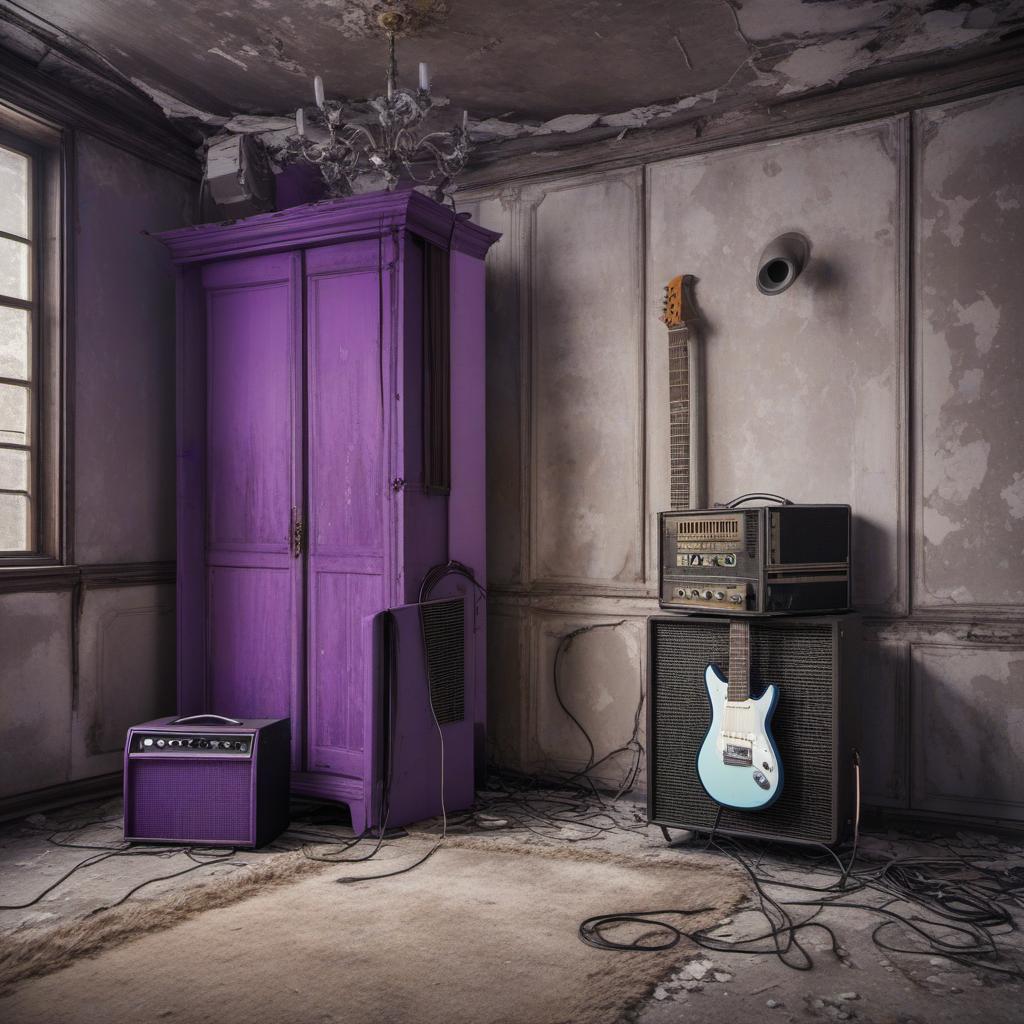  chambre abandonnée en ruine avec une guitare électrique et amplificateur violet , profile image style