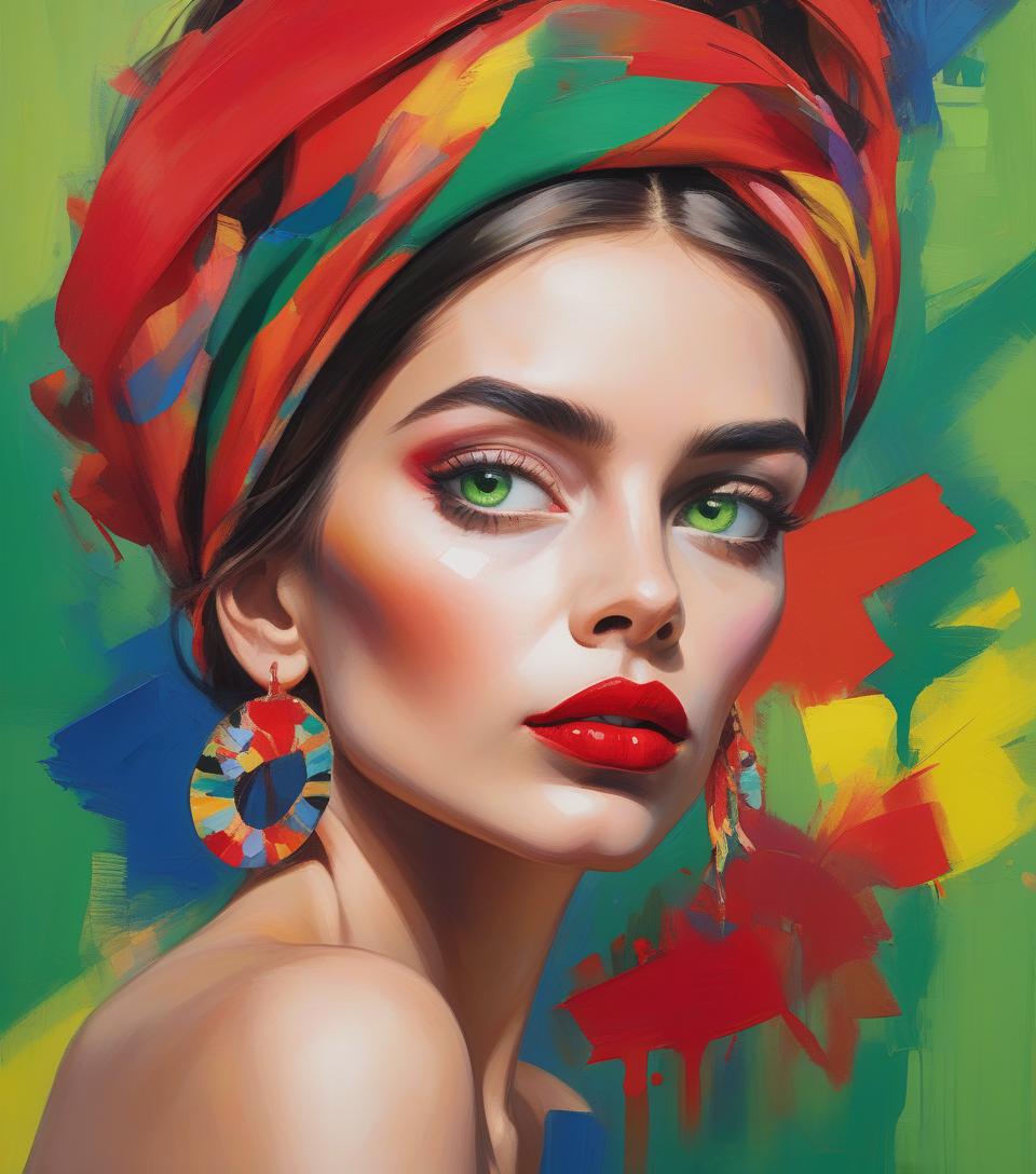  a vibrant painting of a woman with striking eyes, wearing a colorful headband, and bold red lips, set against a multicolored abstract ba a close up portrait of a woman with vibrant, multicolored brushstrokes on her face, highlighting her striking green eyes and red lipsckground.