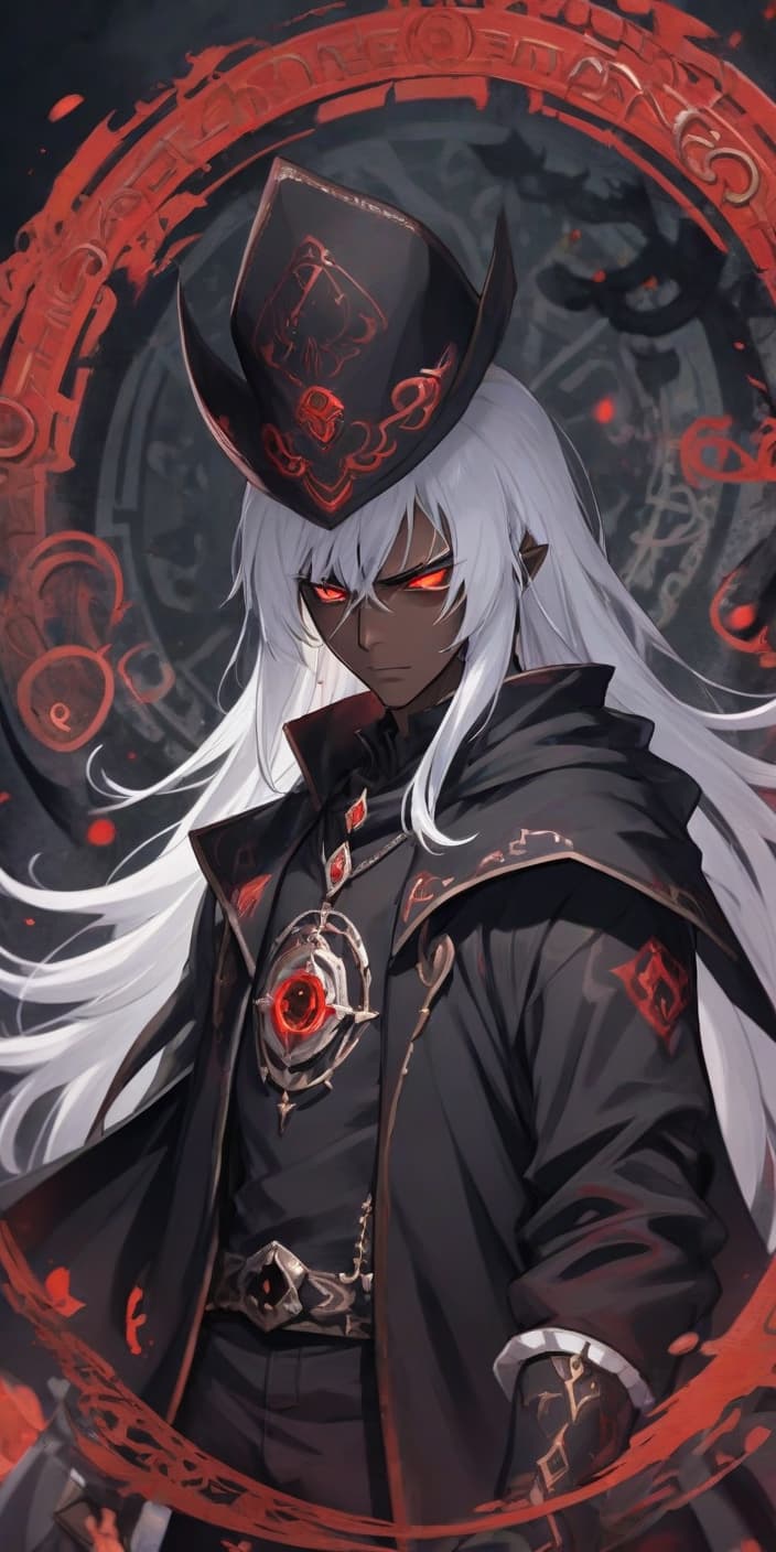  anime artwork calderon looks as sinister as his character. his white hair contrasts with dark skin, and his red eyes to the very soul. he wears tight black clothes decorated with symbols of ancient magic, and always wears amulets that enhance his magical abilities . anime style, key visual, vibrant, studio anime, highly detailed