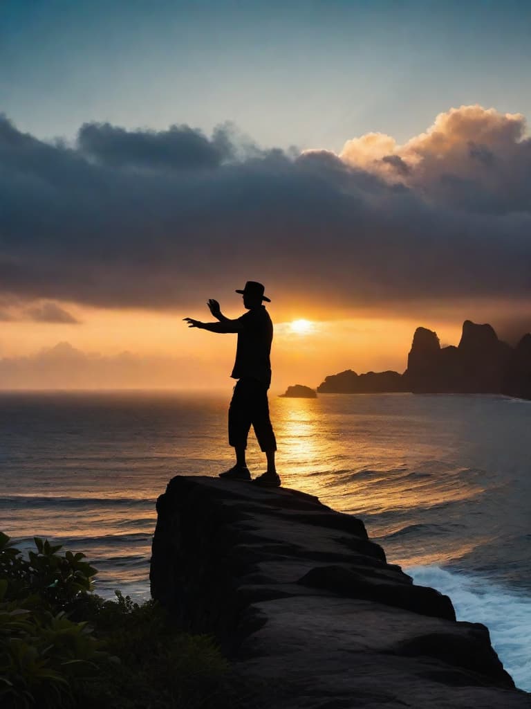  A silhouette of a man doing Thai Chi on a cliff overlooking the ocean with a sunrise in the background. RAW, realistic