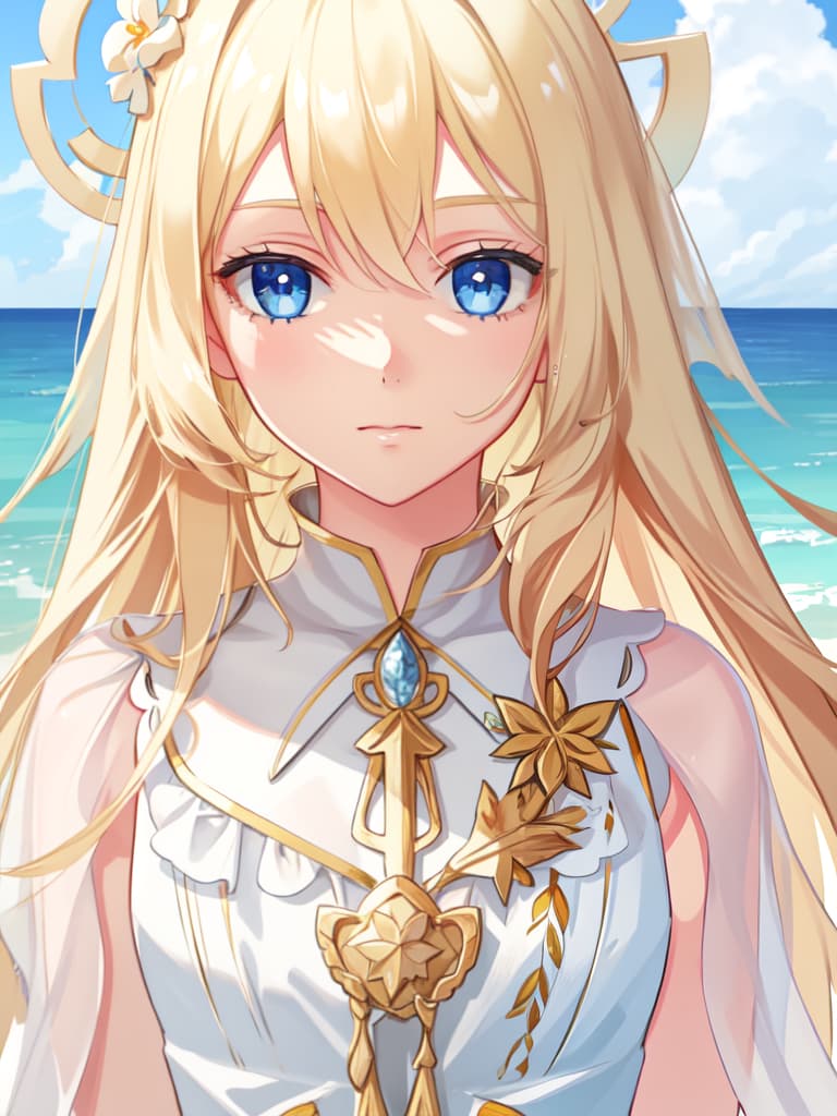 Summer, blonde, blue eyes, hanging eyes, masterpiece, best quality,8k,ultra detailed,high resolution,an extremely delicate and beautiful,hyper detail