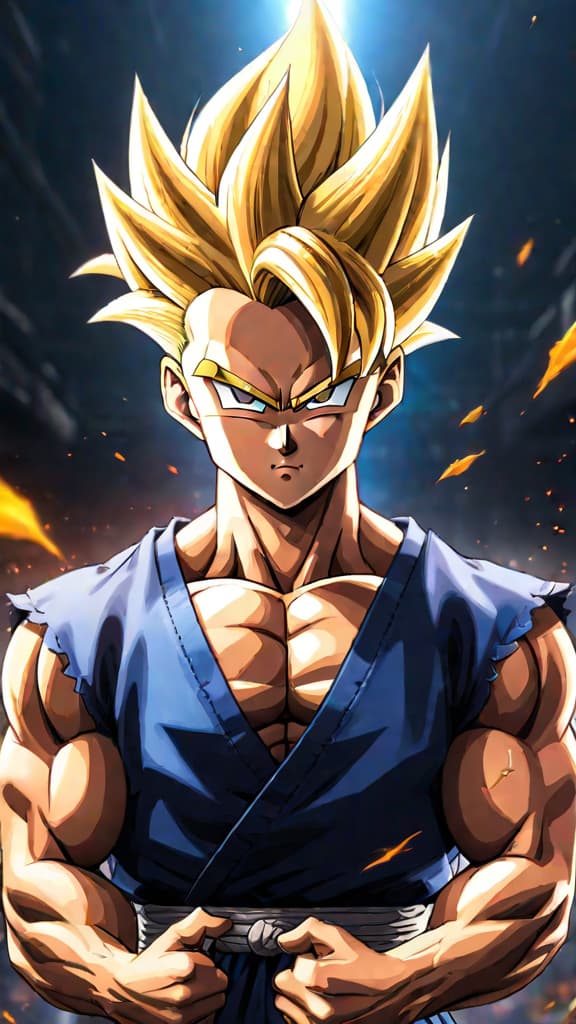  an anime art depicting gohan's super saiyan 2 transformation overshadowed in the cell games arena. hyperrealistic, full body, detailed clothing, highly detailed, cinematic lighting, stunningly beautiful, intricate, sharp focus, f/1. 8, 85mm, (centered image composition), (professionally color graded), ((bright soft diffused light)), volumetric fog, trending on instagram, trending on tumblr, HDR 4K, 8K