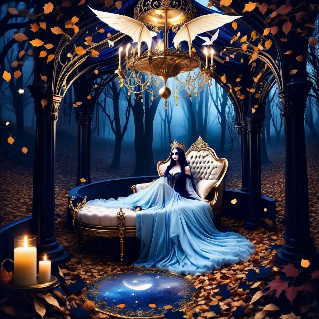  gothic style the blue evening is melting my love is with you let it be a dream sleep sticks to your eyelashes. sometimes of autumn leaves, with the goodness of pure dates, the wind will blow and you'll be touched a dream with christmas cheer and a child's merry go round let the dream take you away. (style):fantasy, fairy tale, dream, magic, flight, close up. (colours):white, soft blue, navy blue, gold, rose gold, bluish silver. . dark, mysterious, haunting, dramatic, ornate, detailed