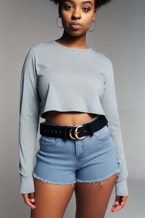  Fat black female wearing crop long sleeve shirt, skinny blue denim shorts with a belt, ankle boots