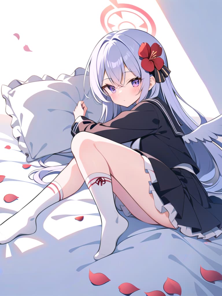  1girl,halo,on side,no shoes,hugging object,hair ornament,white background,book,yellow bow,low wings,flower,black dress,feathered wings,blush,black sailor collar,very long hair,hair between eyes,closed mouth,frilled dress,stuffed bird,white hair,dress,puffy long sleeves,red flower,white wings,bed sheet,long sleeves,open book,lying,puffy sleeves,socks,stuffed toy,stuffed animal,pillow,long hair,purple eyes,wings,hair flower,pleated dress,ribbon trim,sailor collar,high socks,solo,frills,white socks,crossover,loose socks,sailor dress,petals,bow,simple background,ribbon trimmed sleevesmasterpiece,newest,absurdres,safe hyperrealistic, full body, detailed clothing, highly detailed, cinematic lighting, stunningly beautiful, intricate, sharp focus, f/1. 8, 85mm, (centered image composition), (professionally color graded), ((bright soft diffused light)), volumetric fog, trending on instagram, trending on tumblr, HDR 4K, 8K