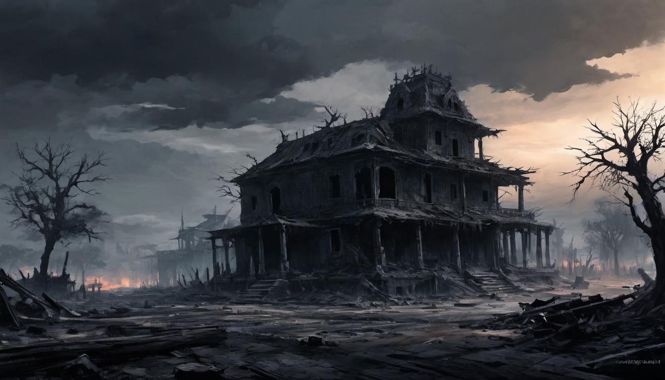  digital painting of a landscape of ashes, charred remains of buildings, skeletal tree trunks, remnants of a city, dark and monochromatic, somber, finality. looking at viewer, dynamic pose, (intricate details, masterpiece, best quality)