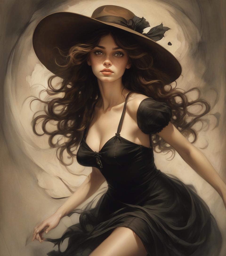  concept art oil on canvas, young woman, wearing black dress, brown hair and brown eyes,hat, frank frazetta, arthur rackham, alberto seveso, sandro botticelli style. . digital artwork, illustrative, painterly, matte painting, highly detailed