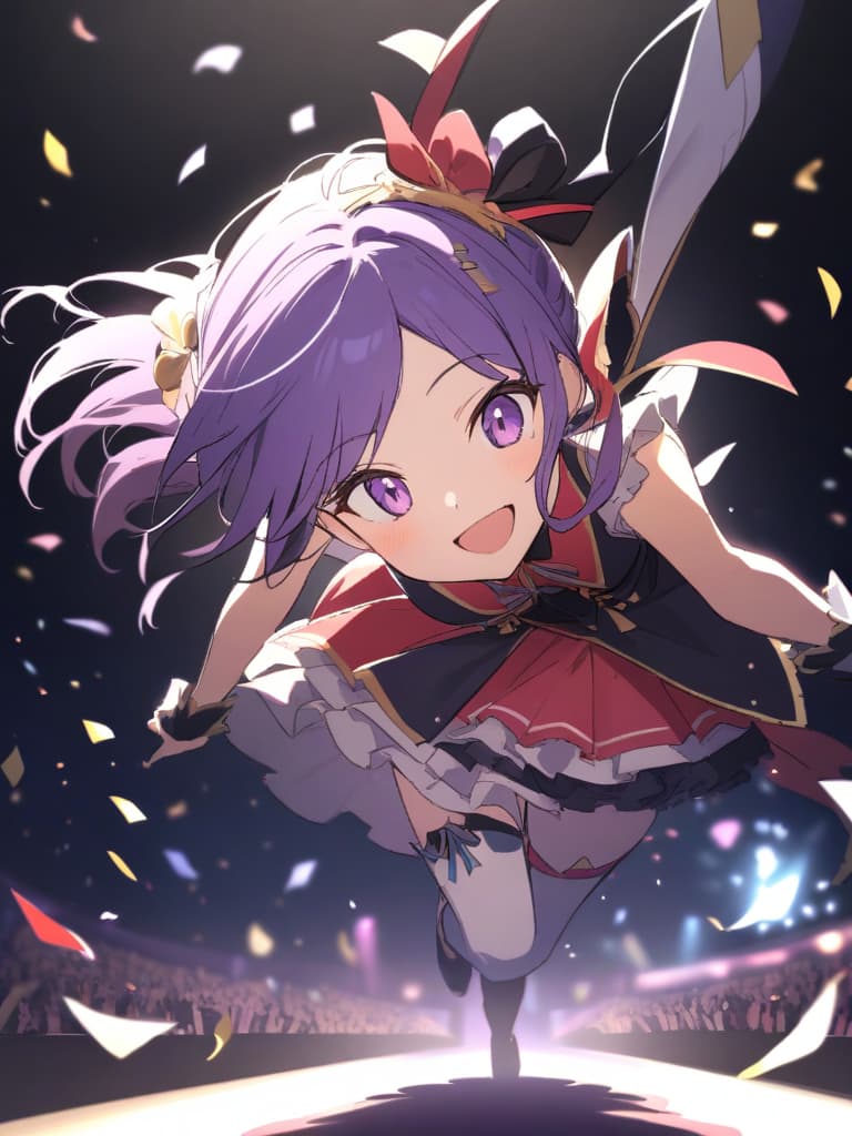  (piece flying), (highest quality), very detail, ((1 girl)), focus only, [diagonally downward, dynamic, jump), ((big smile)), wink, perfect face, beautiful. face, very detailed face (long purple hair purple eyes: 1.3), idol costumes, idols only, ribbon hair ornaments, concert dome, live, singing, singing, big mouth open and laugh, laser light, spotlight, confetti