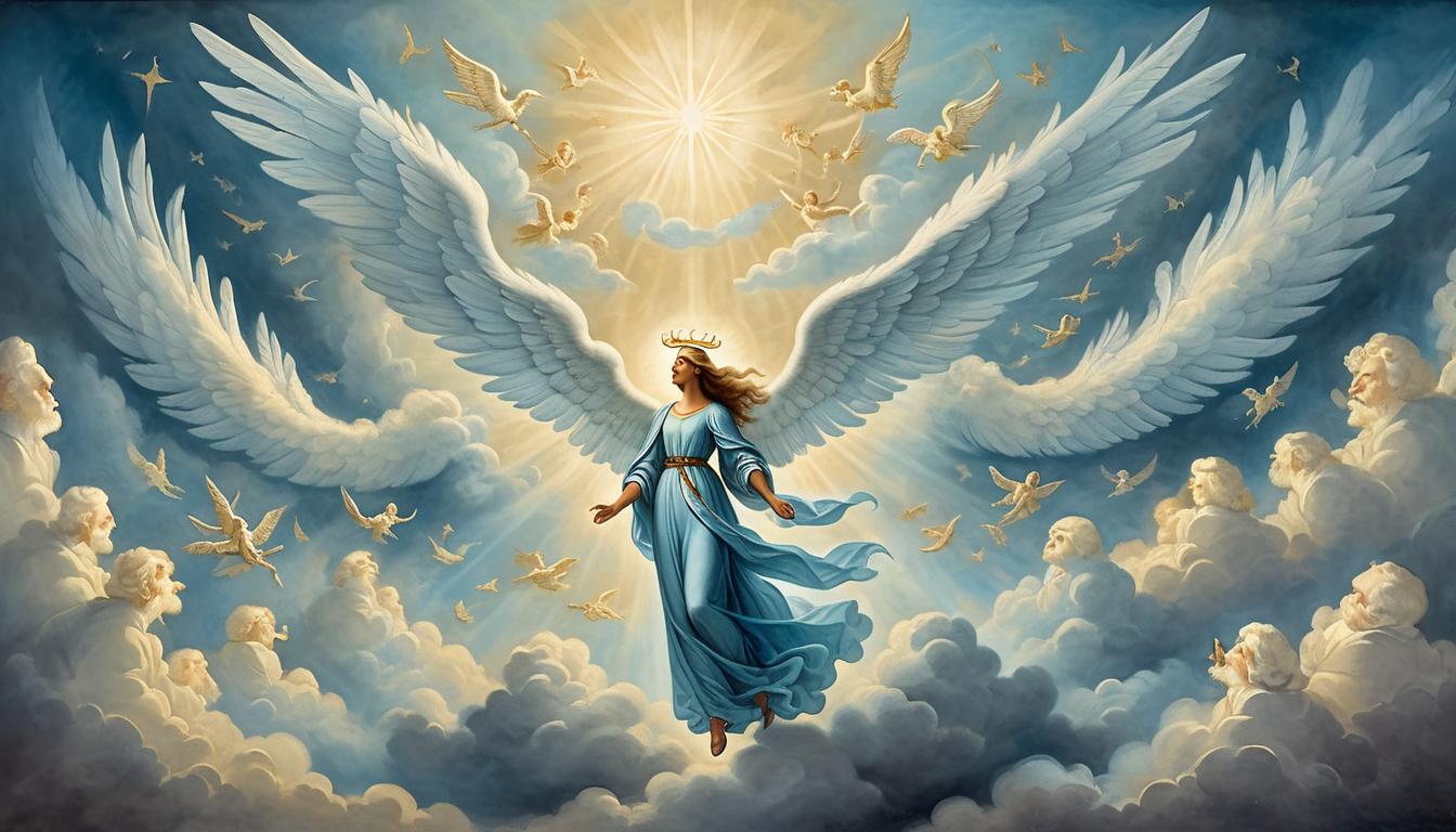  on parchment, surrealism+++, clouds parting, host of angels with open wings, descending with radiant light, majestic, celestial, divine intervention(mysterious, provocative, symbolic,muted color)+++