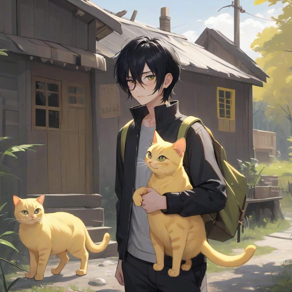  guy with black hair goes outside with yellow cat from hut