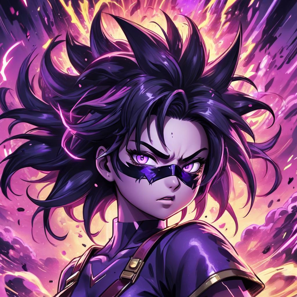  a close up of a person wearing a mask, fractal thunder dan mumford, dramatic purple thunders, chiaroscuro anime key visual, spectacular splatter explosion, anime digital art, anger + wrath, incredible movie poster, alluring mesmer woman, splashes of neon, akira, wild spiky black saiyan hair