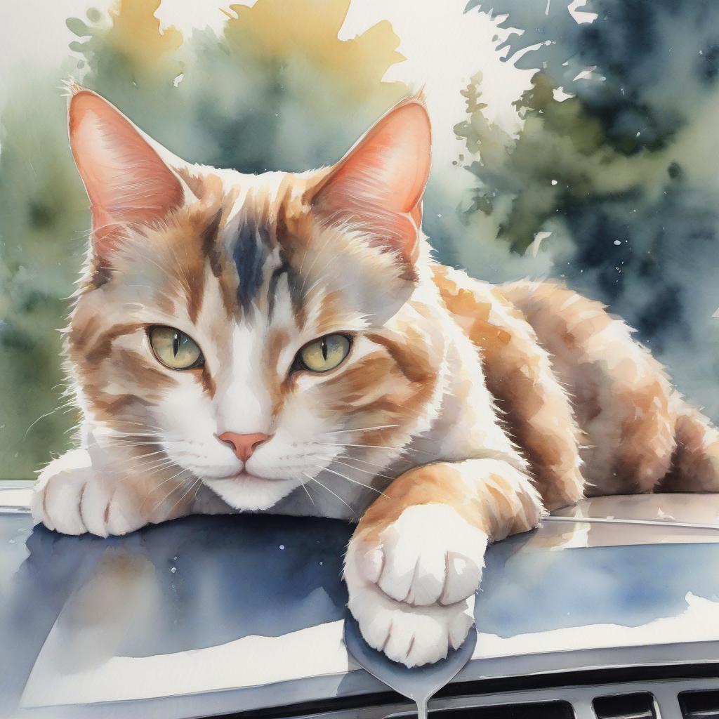  watercolor picture cat lies on the hood of the car, the sunbeam does its job, and i'm heading to the cafe for lunch