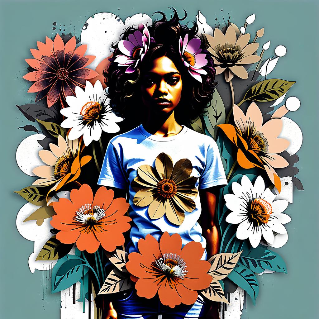  collage style flowering . mixed media, layered, textural, detailed, artistic, t shirt design