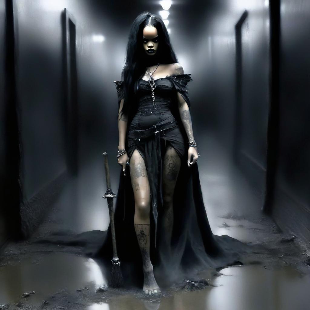  macabre style transform the photo into a pencil drawing of rihanna the wizard with a black staff in her right hand against the background of a dark corridor. . dark, gothic, grim, haunting, highly detailed, perfecteyes, perfect hands