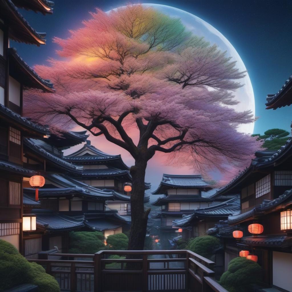  beautiful night sky above Japanese town, comic style hyperrealistic, full body, detailed clothing, highly detailed, cinematic lighting, stunningly beautiful, intricate, sharp focus, f/1. 8, 85mm, (centered image composition), (professionally color graded), ((bright soft diffused light)), volumetric fog, trending on instagram, trending on tumblr, HDR 4K, 8K