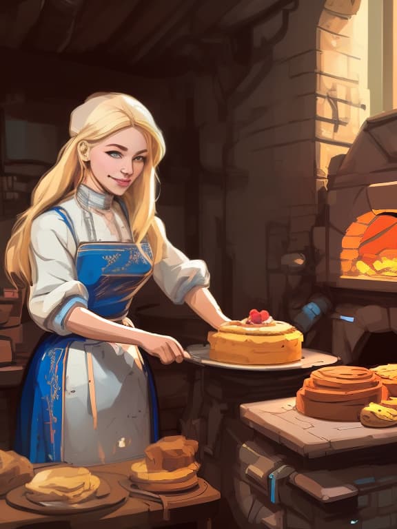 nvinkpunk masterpiece, the best quality, a russian woman in traditional clothes prepares cakes in a stone oven, a very light smile, tense, piercing eyes, blue eyes, flowing blond hair, dressed in a traditional russian outfit, cooks in the open air, inside a wooden castle, against the background of an ancient russian throne room in a wooden castle, cartoon style, cute,