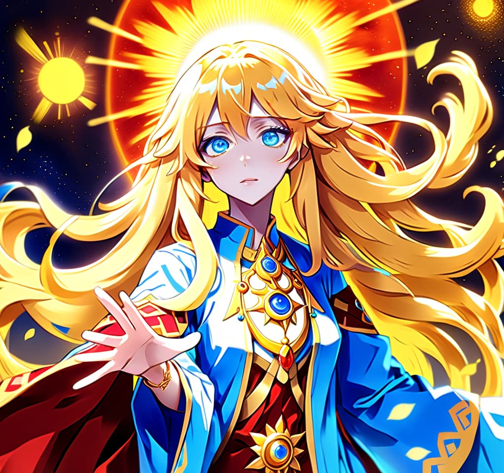  anime artwork palace of the sun goddess. beautiful middle aged girl, goddess in astral robe, yellow long wavy hair, blue eyes with a shade of red, tanned skin. . anime style, key visual, vibrant, studio anime, highly detailed, perfecteyes, perfect hands