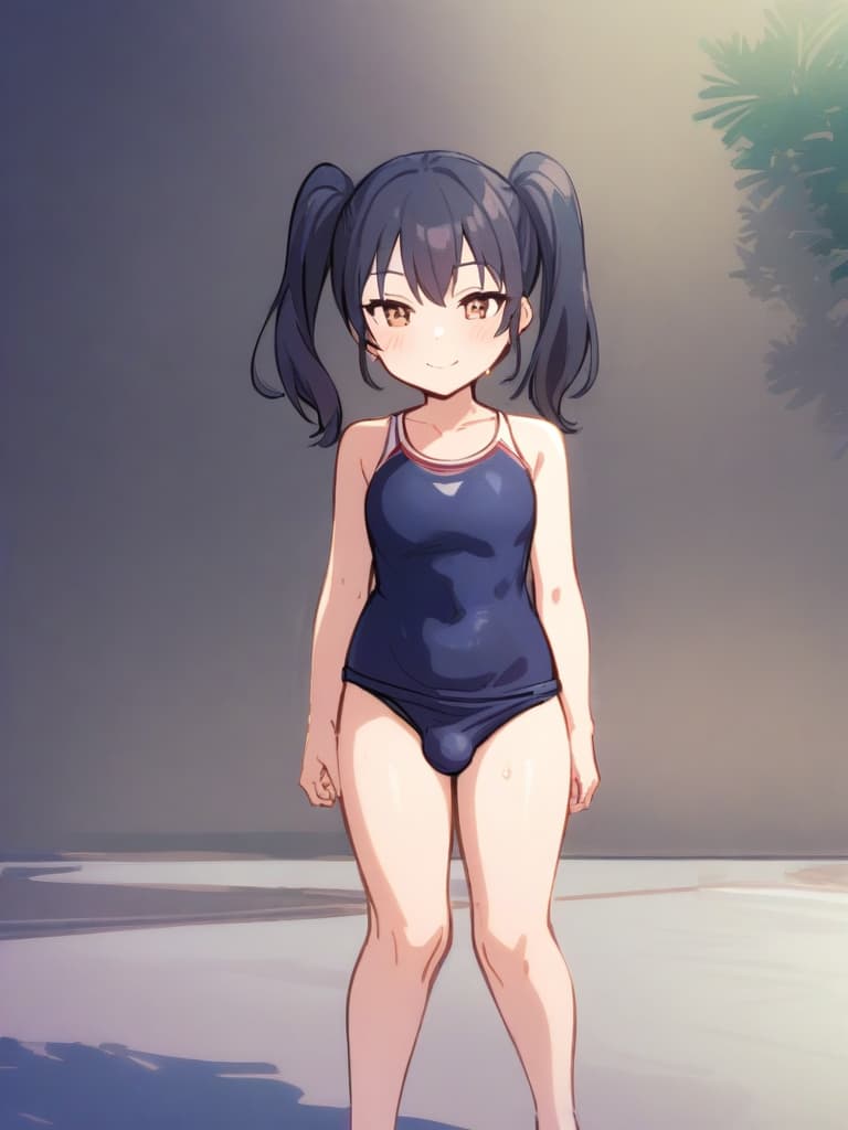  women's elementary students (male), twin tails, cute smiles, rich s, low stature, dark blue swimwear, old swimwear, , simple, , (bulge), male (bulging), front, whole body, pool side,